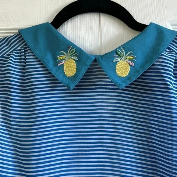 ModCloth Blue & White Stripped Top, Peter Pan collar & Embroidered 🍍 size S - Picture 2 of 6